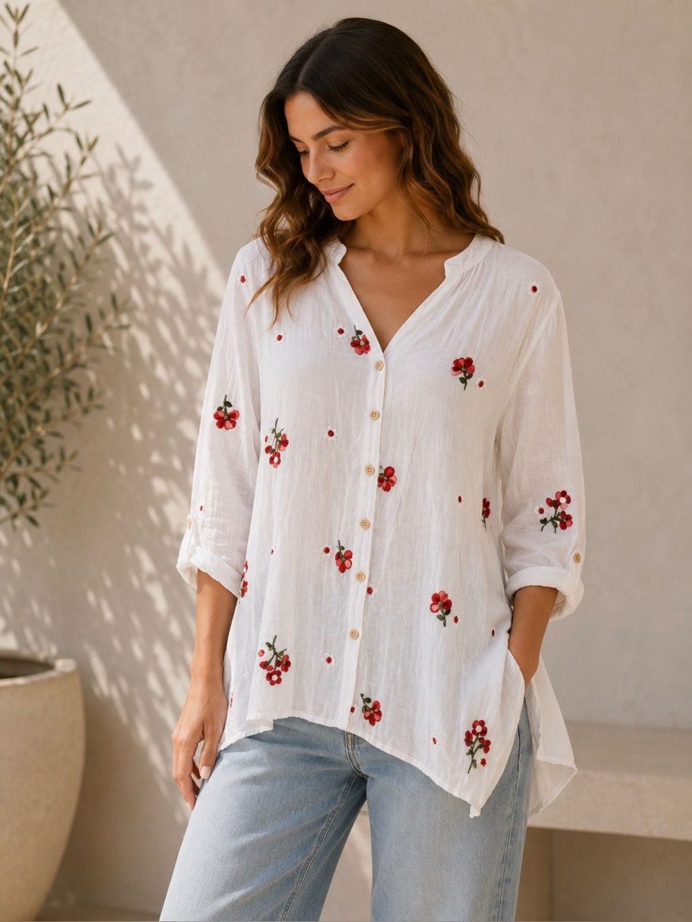 Sapphire Embroidered Floral Blouse Womens Medium White Boho Top